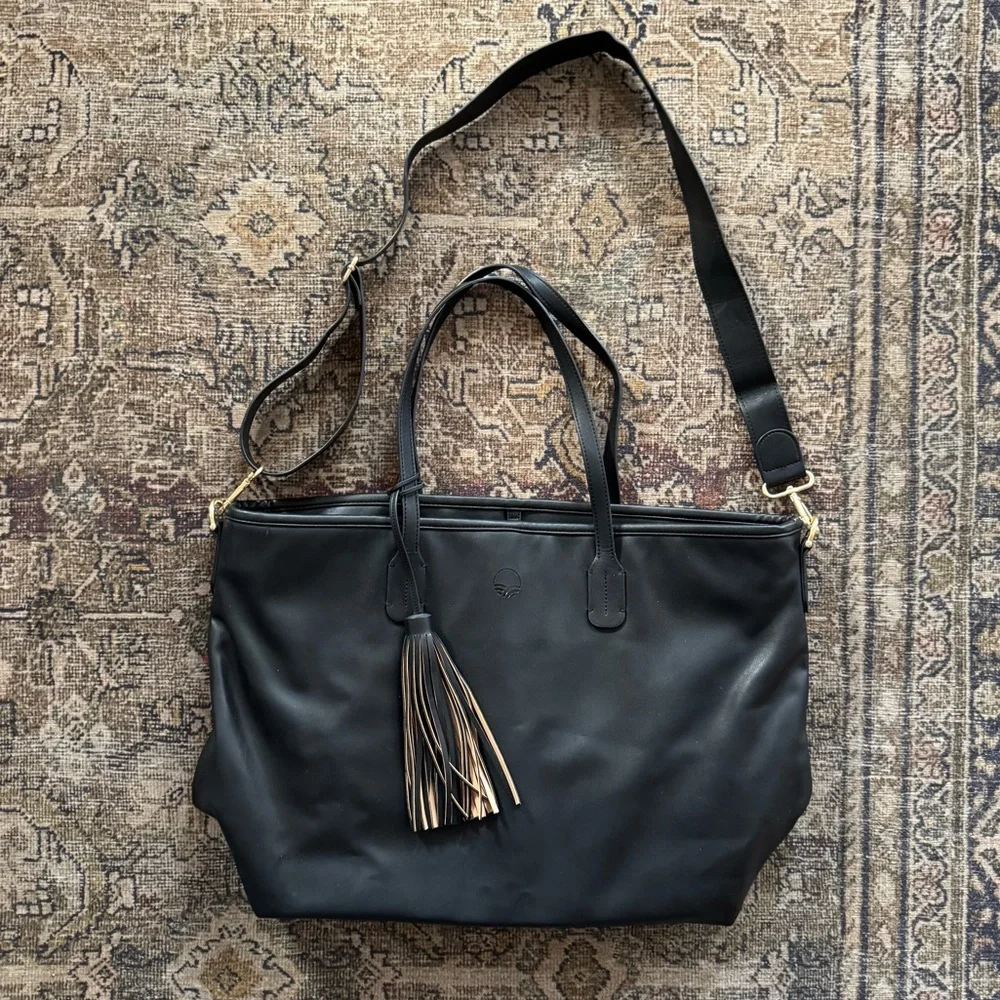 TUSHBABY Tote Diaper Bag - Black Faux Leather Large